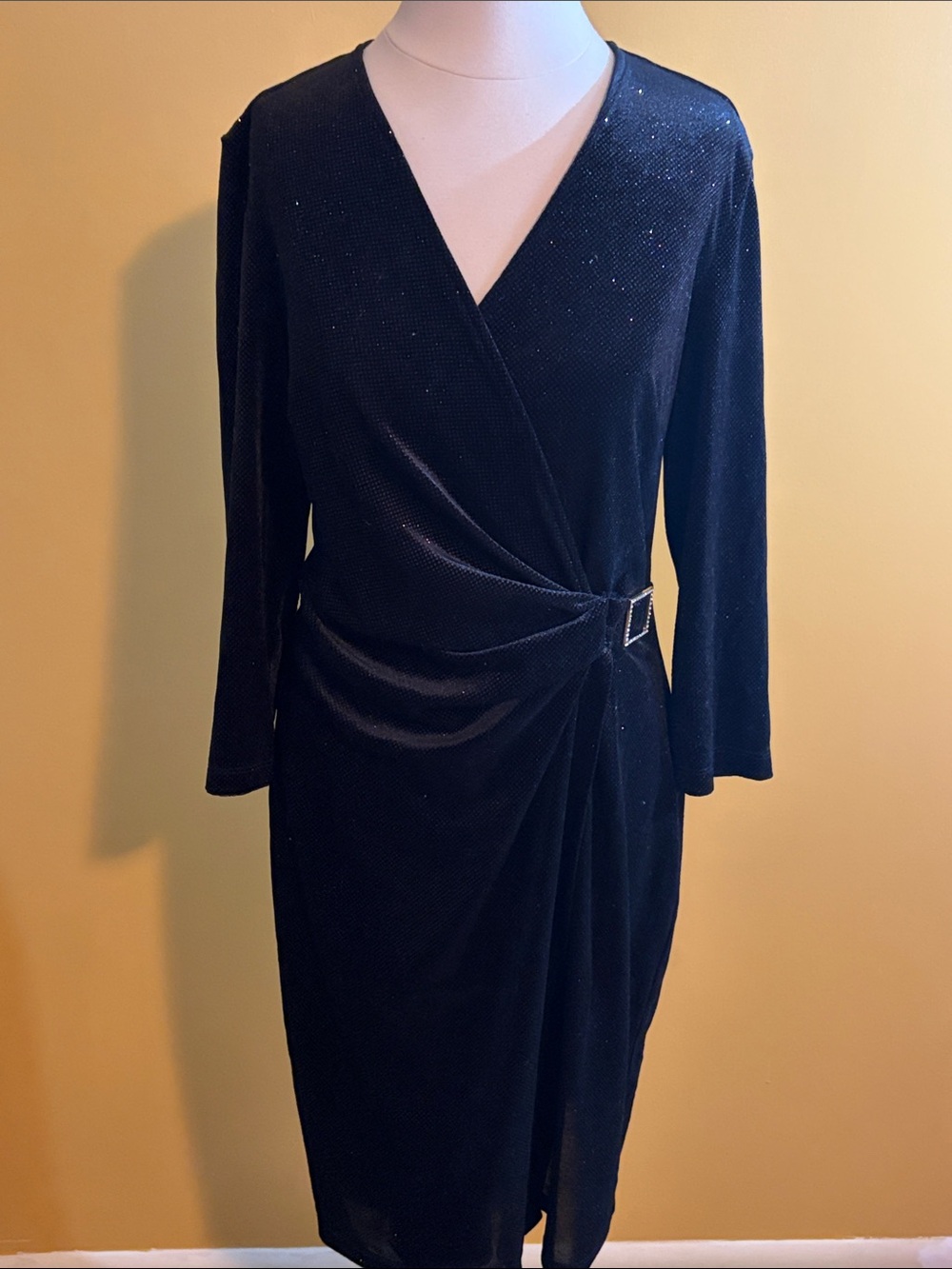 Anne Klein Black Glitter Wrap-Style Long Sleeve Dress with Buckle